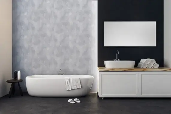 Modern bathroom featuring waterproof vinyl wallpaper