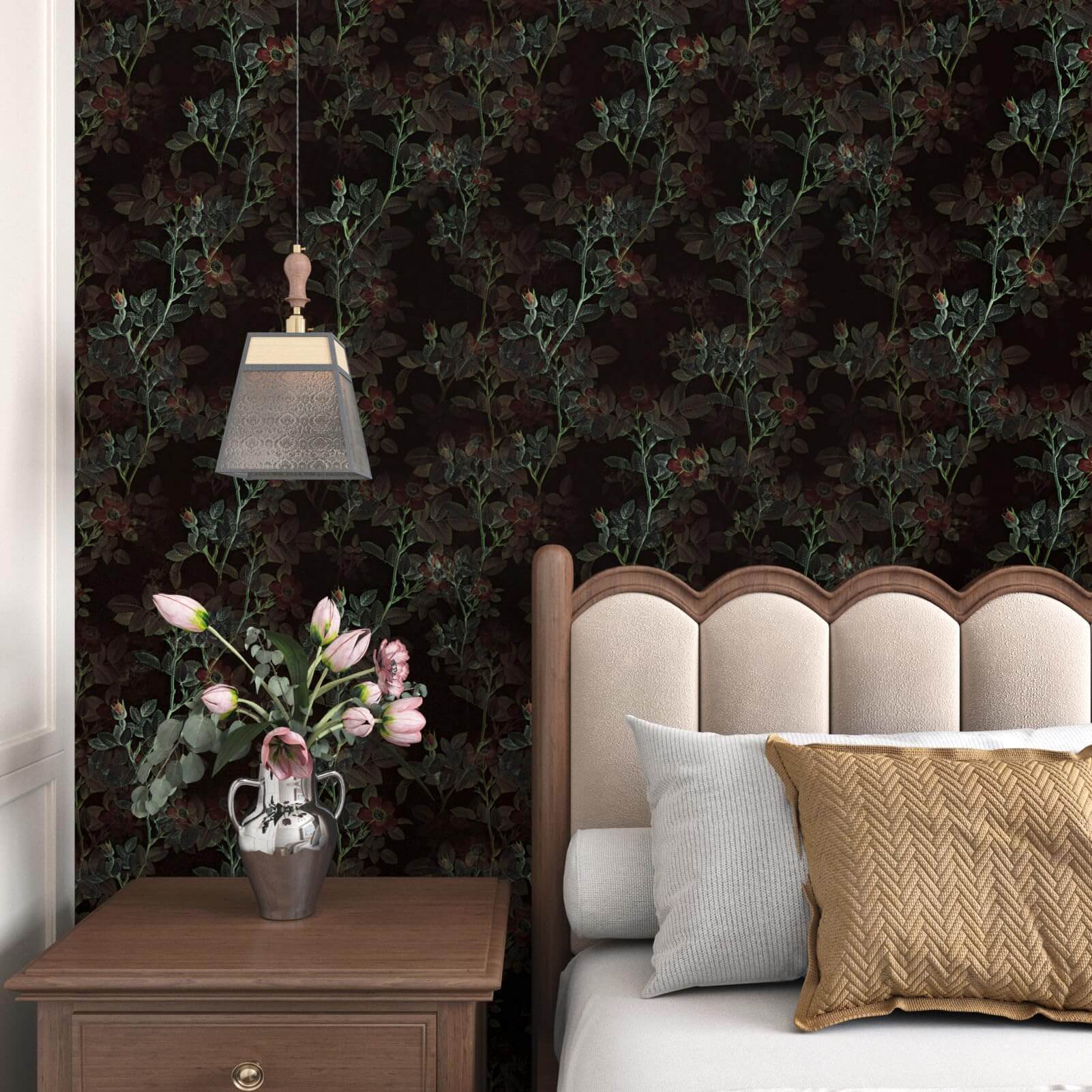 Luxurious bedroom with a dark floral accent wall