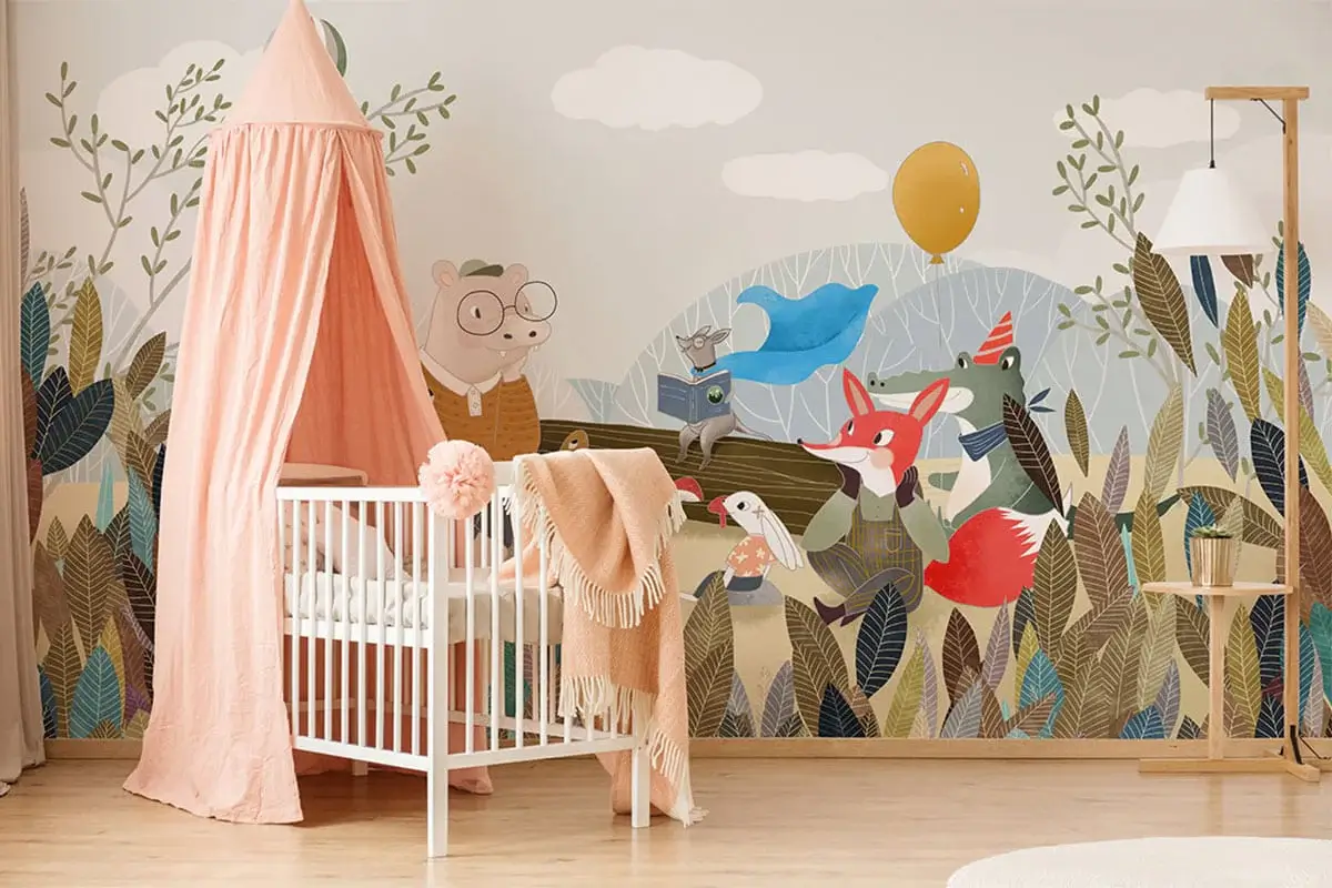 Children's playroom with a whimsical animal-themed mural